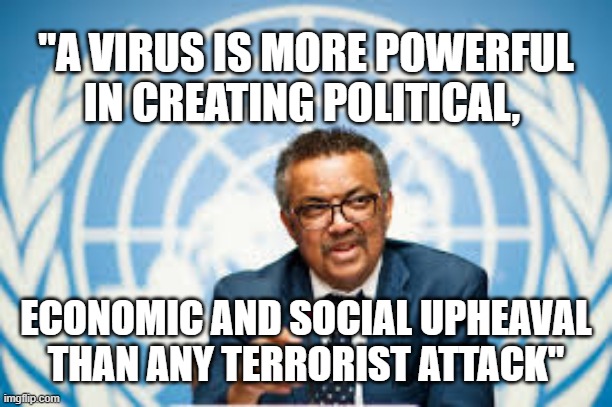 9 11    Again | "A VIRUS IS MORE POWERFUL IN CREATING POLITICAL, ECONOMIC AND SOCIAL UPHEAVAL THAN ANY TERRORIST ATTACK" | image tagged in tedros adhanom,unintentianal truth,9/11 again,bill gates | made w/ Imgflip meme maker