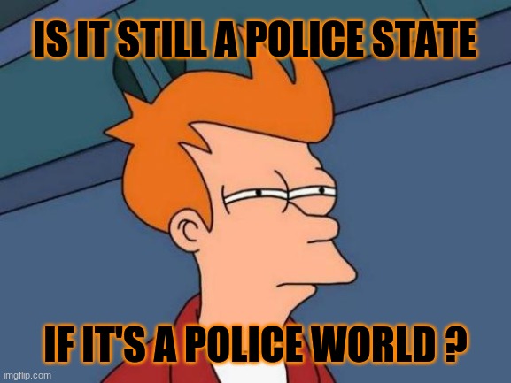 Futurerama Death | IS IT STILL A POLICE STATE; IF IT'S A POLICE WORLD ? | image tagged in futurama fry,lockdown,martial law,coronavirus,police state,surveillance | made w/ Imgflip meme maker