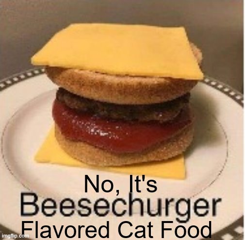 Beesechurger | No, It's Flavored Cat Food | image tagged in beesechurger | made w/ Imgflip meme maker