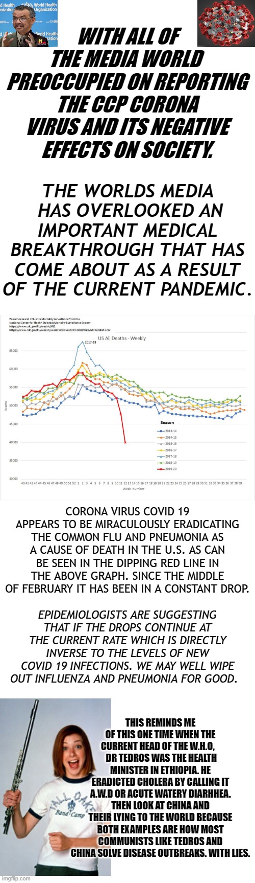 IT TURNS OUT THAT THERE'S A SILVER LINING TO THE EVER INCREASING RATES OF COVID 19 INFECTIONS. | WITH ALL OF THE MEDIA WORLD  PREOCCUPIED ON REPORTING THE CCP CORONA VIRUS AND ITS NEGATIVE EFFECTS ON SOCIETY. THE WORLDS MEDIA  HAS OVERLOOKED AN IMPORTANT MEDICAL BREAKTHROUGH THAT HAS COME ABOUT AS A RESULT OF THE CURRENT PANDEMIC. CORONA VIRUS COVID 19 APPEARS TO BE MIRACULOUSLY ERADICATING THE COMMON FLU AND PNEUMONIA AS A CAUSE OF DEATH IN THE U.S. AS CAN BE SEEN IN THE DIPPING RED LINE IN THE ABOVE GRAPH. SINCE THE MIDDLE OF FEBRUARY IT HAS BEEN IN A CONSTANT DROP. EPIDEMIOLOGISTS ARE SUGGESTING THAT IF THE DROPS CONTINUE AT THE CURRENT RATE WHICH IS DIRECTLY INVERSE TO THE LEVELS OF NEW COVID 19 INFECTIONS. WE MAY WELL WIPE OUT INFLUENZA AND PNEUMONIA FOR GOOD. THIS REMINDS ME OF THIS ONE TIME WHEN THE CURRENT HEAD OF THE W.H.O,     DR TEDROS WAS THE HEALTH MINISTER IN ETHIOPIA. HE ERADICTED CHOLERA BY CALLING IT A.W.D OR ACUTE WATERY DIARHHEA. THEN LOOK AT CHINA AND THEIR LYING TO THE WORLD BECAUSE BOTH EXAMPLES ARE HOW MOST COMMUNISTS LIKE TEDROS AND CHINA SOLVE DISEASE OUTBREAKS. WITH LIES. | image tagged in blank white template,dr tedros the communist who runs the who and doesnt have a problem with being corrupt | made w/ Imgflip meme maker