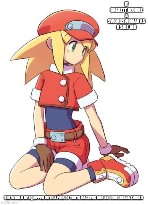 Roll Caskett | IF CASKETT BECAME A SWORDSWOMAN AS A SIDE JOB; SHE WOULD BE EQUIPPED WITH A PAIR OF TANTO DAGGERS AND AN UCHIGATANA SWORD | image tagged in roll caskett,megaman,megaman legends,memes | made w/ Imgflip meme maker