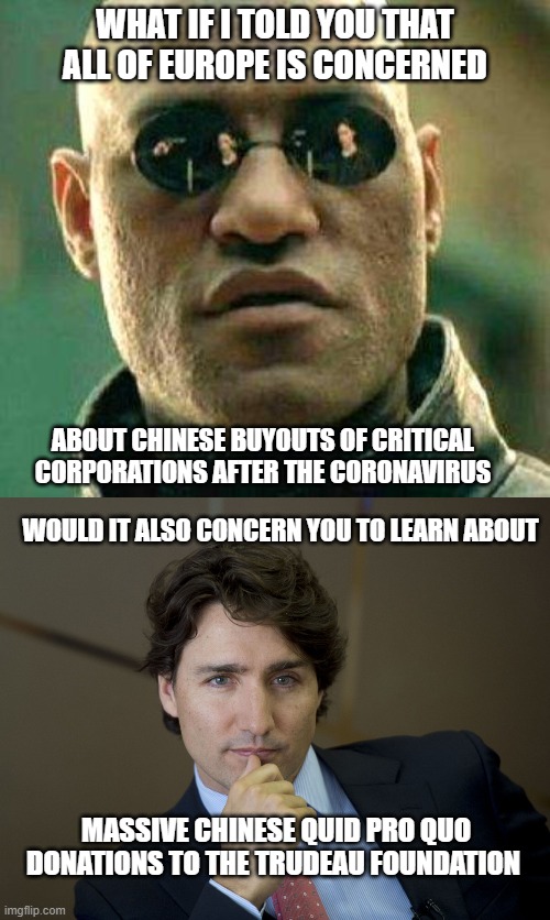 Dont tell the RCMP, they will arrest you for questioning the Liberal Party | WHAT IF I TOLD YOU THAT ALL OF EUROPE IS CONCERNED; ABOUT CHINESE BUYOUTS OF CRITICAL CORPORATIONS AFTER THE CORONAVIRUS; WOULD IT ALSO CONCERN YOU TO LEARN ABOUT; MASSIVE CHINESE QUID PRO QUO DONATIONS TO THE TRUDEAU FOUNDATION | image tagged in justin trudeau,trudeau,government corruption,conspiracy theory,nothing to see here,coronavirus | made w/ Imgflip meme maker