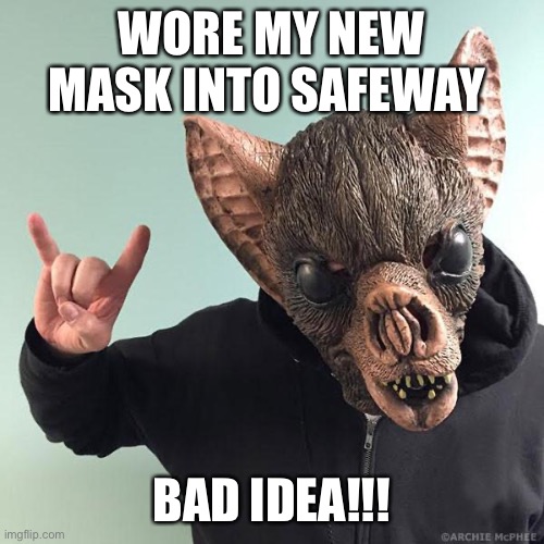 Bat Mask | WORE MY NEW MASK INTO SAFEWAY; BAD IDEA!!! | image tagged in mask,coronavirus | made w/ Imgflip meme maker