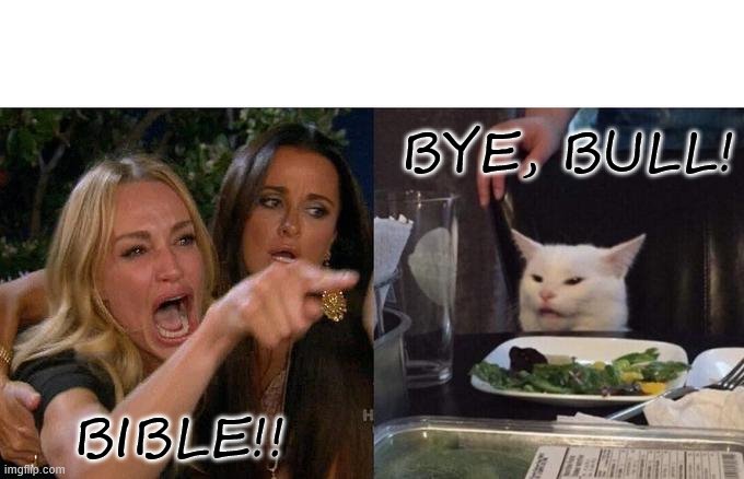 Woman Yelling At Cat | BYE, BULL! BIBLE!! | image tagged in memes,woman yelling at cat | made w/ Imgflip meme maker