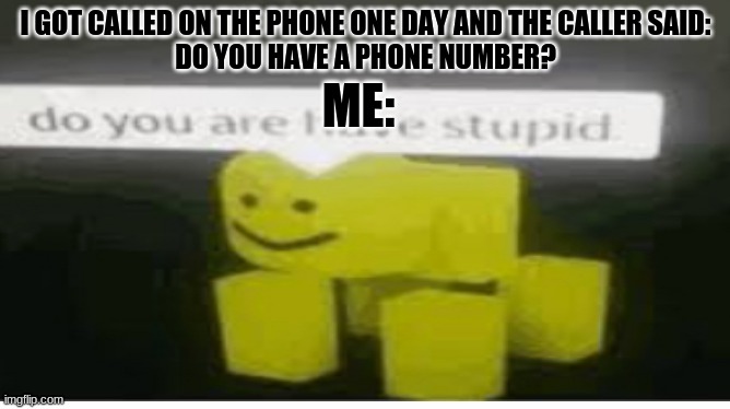 stpid phone cller | I GOT CALLED ON THE PHONE ONE DAY AND THE CALLER SAID:
DO YOU HAVE A PHONE NUMBER? ME: | image tagged in funny,stupidity | made w/ Imgflip meme maker