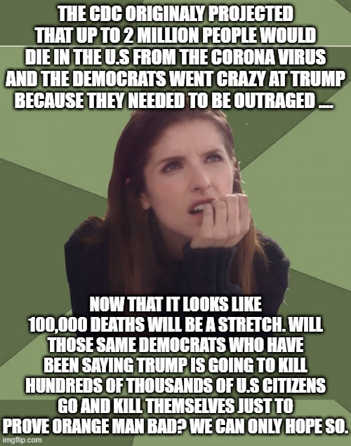 THE CDC ORIGINALY PROJECTED THAT UP TO 2 MILLION PEOPLE WOULD DIE IN THE U.S FROM THE CORONA VIRUS AND THE DEMOCRATS WENT CRAZY AT TRUMP BECAUSE THEY NEEDED TO BE OUTRAGED .... NOW THAT IT LOOKS LIKE 100,000 DEATHS WILL BE A STRETCH. WILL THOSE SAME DEMOCRATS WHO HAVE BEEN SAYING TRUMP IS GOING TO KILL HUNDREDS OF THOUSANDS OF U.S CITIZENS GO AND KILL THEMSELVES JUST TO PROVE ORANGE MAN BAD? WE CAN ONLY HOPE SO. | image tagged in philosophanna,democrats say the stupidest things,cdc projections,cdc revised totals covid19,will democrats go kill themselves to | made w/ Imgflip meme maker