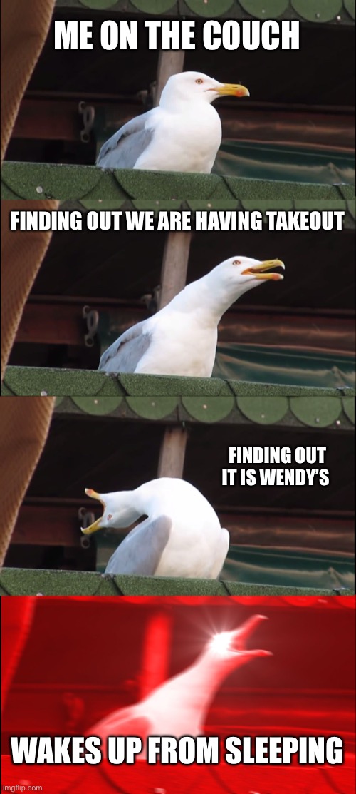 Inhaling Seagull | ME ON THE COUCH; FINDING OUT WE ARE HAVING TAKEOUT; FINDING OUT IT IS WENDY’S; WAKES UP FROM SLEEPING | image tagged in memes,inhaling seagull | made w/ Imgflip meme maker