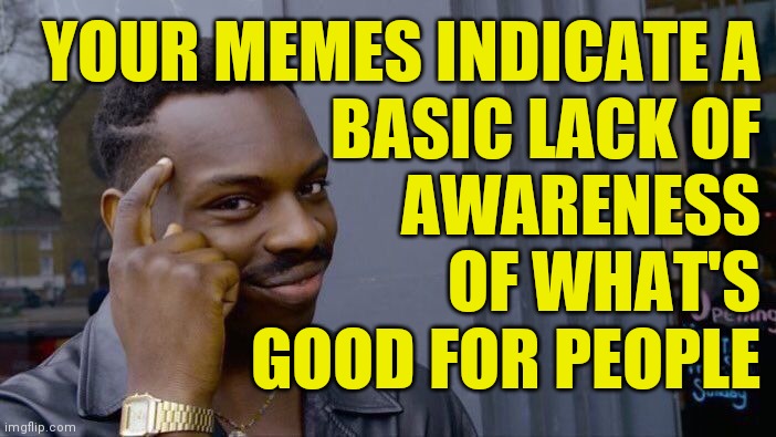 Roll Safe Think About It Meme | YOUR MEMES INDICATE A
BASIC LACK OF
AWARENESS
OF WHAT'S
GOOD FOR PEOPLE | image tagged in memes,roll safe think about it | made w/ Imgflip meme maker