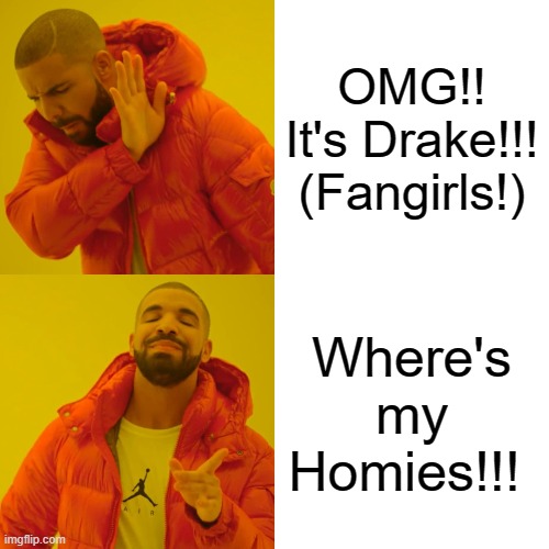 Drake Hotline Bling | OMG!! It's Drake!!! (Fangirls!); Where's my Homies!!! | image tagged in memes,drake hotline bling | made w/ Imgflip meme maker