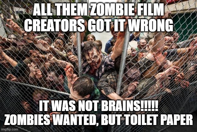 Zombie horde | ALL THEM ZOMBIE FILM CREATORS GOT IT WRONG; IT WAS NOT BRAINS!!!!! ZOMBIES WANTED, BUT TOILET PAPER | image tagged in zombie horde | made w/ Imgflip meme maker