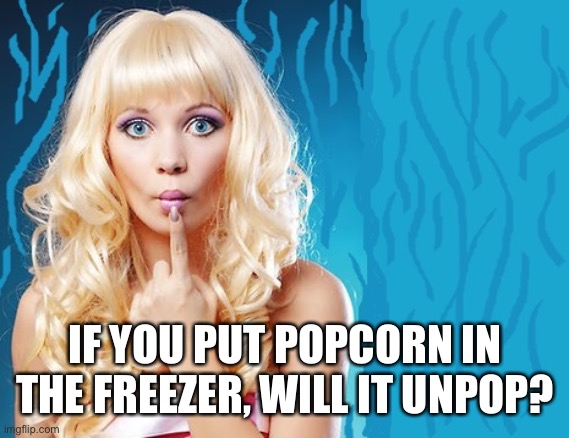ditzy blonde | IF YOU PUT POPCORN IN THE FREEZER, WILL IT UNPOP? | image tagged in ditzy blonde | made w/ Imgflip meme maker