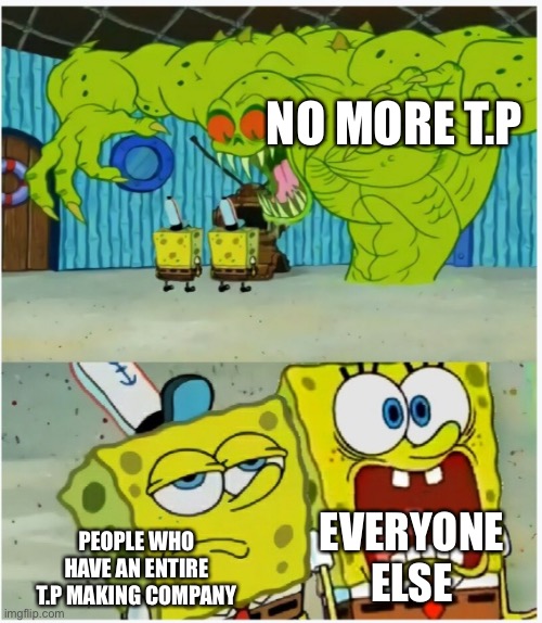 SpongeBob SquarePants scared but also not scared | NO MORE T.P; EVERYONE ELSE; PEOPLE WHO HAVE AN ENTIRE T.P MAKING COMPANY | image tagged in spongebob squarepants scared but also not scared | made w/ Imgflip meme maker