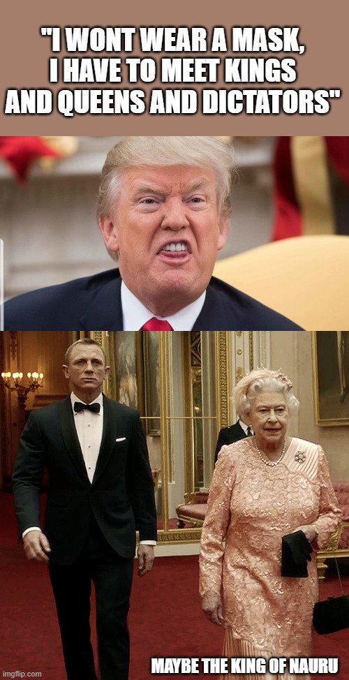 President Pelosi soon? | "I WONT WEAR A MASK, I HAVE TO MEET KINGS AND QUEENS AND DICTATORS"; MAYBE THE KING OF NAURU | image tagged in memes,politics,donald trump is an idiot,maga,coronavirus,covid-19 | made w/ Imgflip meme maker