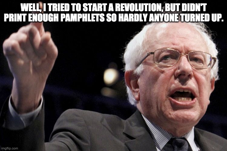 Korg Sanders |  WELL, I TRIED TO START A REVOLUTION, BUT DIDN'T PRINT ENOUGH PAMPHLETS SO HARDLY ANYONE TURNED UP. | image tagged in bernie sanders,revolution,korg,thor ragnarok | made w/ Imgflip meme maker
