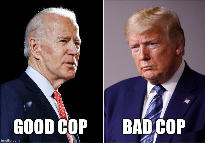 Biden Trump Good Cop Bad Cop | GOOD COP           BAD COP | image tagged in joe biden,donald trump,cops | made w/ Imgflip meme maker