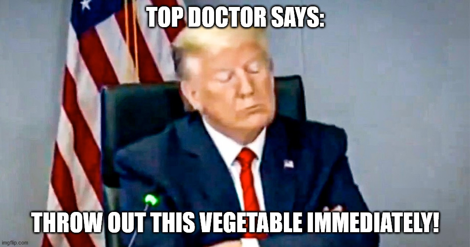 TOP DOCTOR SAYS THROW THIS VEGETABLE OUT IMMEDIATELY | TOP DOCTOR SAYS:; THROW OUT THIS VEGETABLE IMMEDIATELY! | image tagged in trump,doctor,vegetable | made w/ Imgflip meme maker