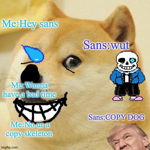 Doge | Me:Hey sans; Sans:wut; Me:Wanna have a bad time; Sans:COPY DOG; Me:No ur a copy skeleton | image tagged in memes,doge | made w/ Imgflip meme maker