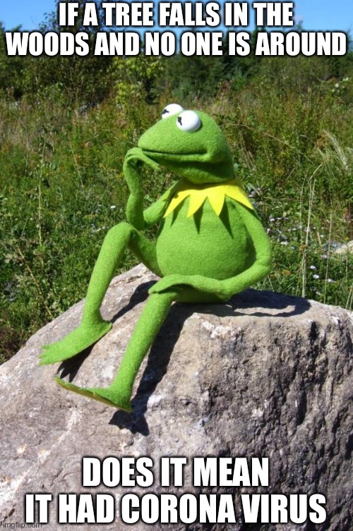 Kermit-thinking | IF A TREE FALLS IN THE WOODS AND NO ONE IS AROUND; DOES IT MEAN IT HAD CORONA VIRUS | image tagged in kermit-thinking | made w/ Imgflip meme maker