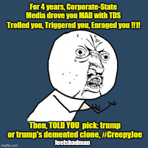 feelsbadman | For 4 years, Corporate-State Media drove you MAD with TDS; Trolled you, Triggered you, Enraged you !!1! Then, TOLD YOU  pick: trump or trump's demented clone, #CreepyJoe; feelsbadman | image tagged in pick,tds,triggered | made w/ Imgflip meme maker