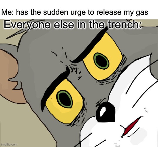 Farting in WWI | Me: has the sudden urge to release my gas; Everyone else in the trench: | image tagged in memes,unsettled tom,world war 1,gas | made w/ Imgflip meme maker