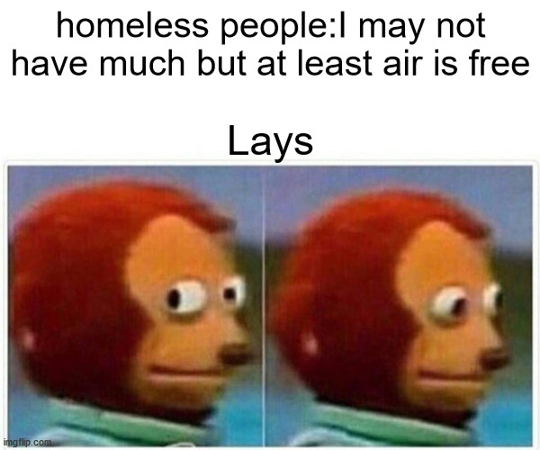 Monkey Puppet | homeless people:I may not have much but at least air is free; Lays | image tagged in memes,monkey puppet | made w/ Imgflip meme maker