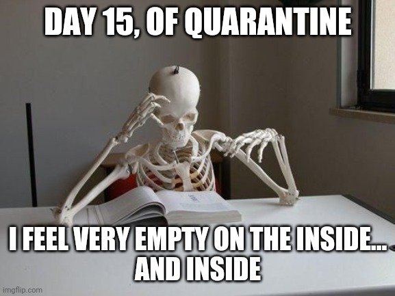 death by studying | DAY 15, OF QUARANTINE; I FEEL VERY EMPTY ON THE INSIDE...
AND INSIDE | image tagged in death by studying | made w/ Imgflip meme maker