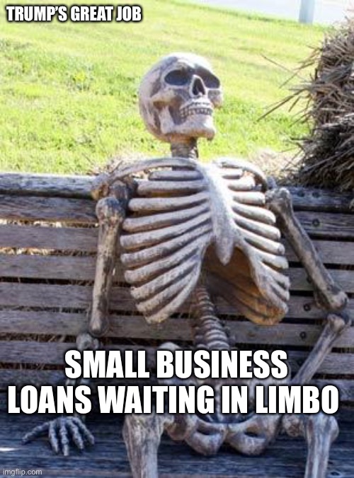 Waiting Skeleton | TRUMP’S GREAT JOB; SMALL BUSINESS LOANS WAITING IN LIMBO | image tagged in memes,waiting skeleton | made w/ Imgflip meme maker