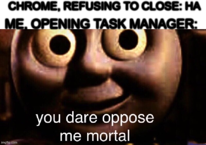 You dare oppose me mortal | CHROME, REFUSING TO CLOSE: HA; ME, OPENING TASK MANAGER: | image tagged in you dare oppose me mortal | made w/ Imgflip meme maker