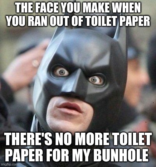 Shocked Batman | THE FACE YOU MAKE WHEN YOU RAN OUT OF TOILET PAPER; THERE'S NO MORE TOILET PAPER FOR MY BUNHOLE | image tagged in shocked batman | made w/ Imgflip meme maker