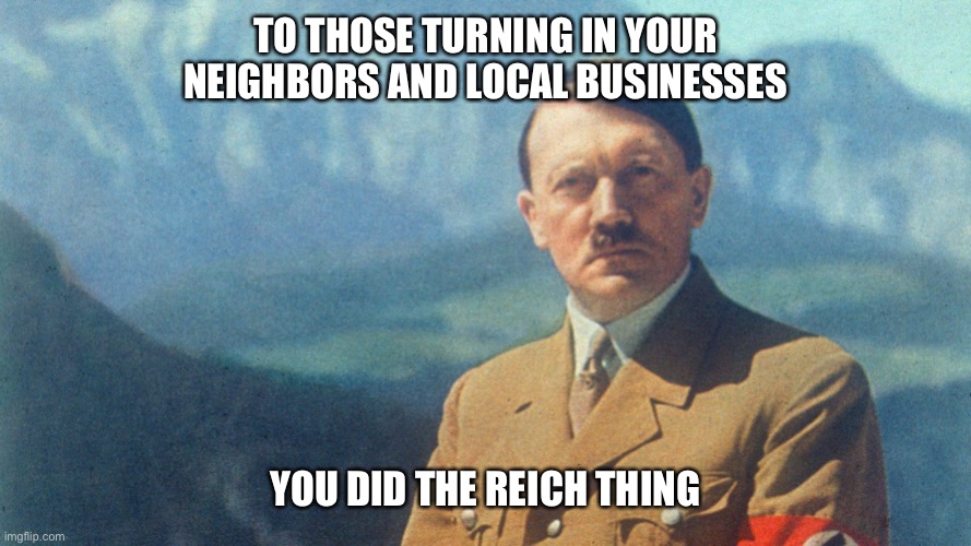 Reich thing | TO THOSE TURNING IN YOUR NEIGHBORS AND LOCAL BUSINESSES; YOU DID THE REICH THING | image tagged in reich thing | made w/ Imgflip meme maker