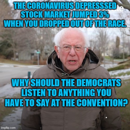 Bernie Sanders No-text | THE CORONAVIRUS DEPRESSSED STOCK MARKET JUMPED 3% WHEN YOU DROPPED OUT OF THE RACE. WHY SHOULD THE DEMOCRATS LISTEN TO ANYTHING YOU HAVE TO SAY AT THE CONVENTION? | image tagged in bernie sanders no-text | made w/ Imgflip meme maker