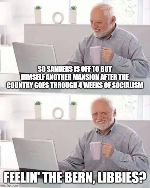 What he gets when you paid "your fair share." | SO SANDERS IS OFF TO BUY HIMSELF ANOTHER MANSION AFTER THE COUNTRY GOES THROUGH 4 WEEKS OF SOCIALISM; FEELIN' THE BERN, LIBBIES? | image tagged in memes,hide the pain harold,liberal logic,communist socialist | made w/ Imgflip meme maker