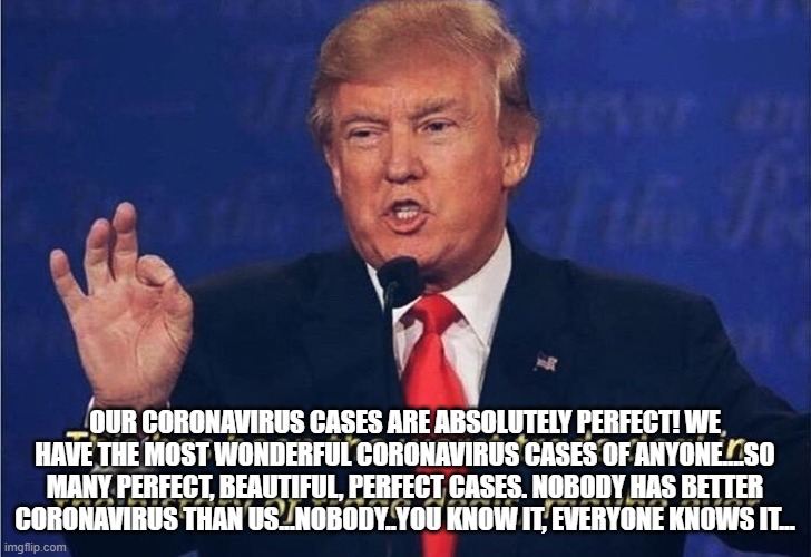 Donald Trump Worst Trade Deal | OUR CORONAVIRUS CASES ARE ABSOLUTELY PERFECT! WE HAVE THE MOST WONDERFUL CORONAVIRUS CASES OF ANYONE....SO MANY PERFECT, BEAUTIFUL, PERFECT CASES. NOBODY HAS BETTER CORONAVIRUS THAN US...NOBODY..YOU KNOW IT, EVERYONE KNOWS IT... | image tagged in donald trump worst trade deal | made w/ Imgflip meme maker