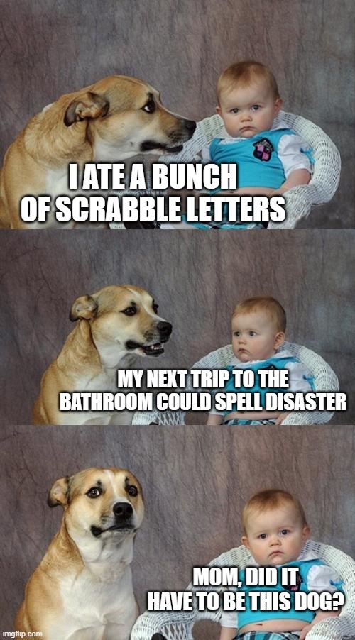 Dad Joke Dog | I ATE A BUNCH OF SCRABBLE LETTERS; MY NEXT TRIP TO THE BATHROOM COULD SPELL DISASTER; MOM, DID IT HAVE TO BE THIS DOG? | image tagged in memes,dad joke dog,funny memes,fun,bad pun dog,doggo | made w/ Imgflip meme maker