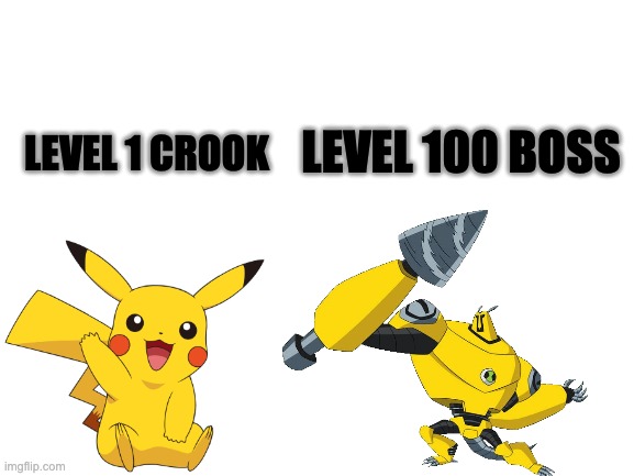 Blank White Template | LEVEL 100 BOSS; LEVEL 1 CROOK | image tagged in blank white template | made w/ Imgflip meme maker