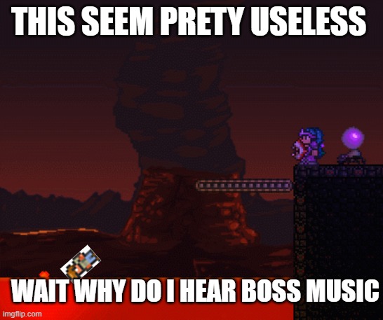 terraria | THIS SEEM PRETY USELESS; WAIT WHY DO I HEAR BOSS MUSIC | image tagged in terraria | made w/ Imgflip meme maker