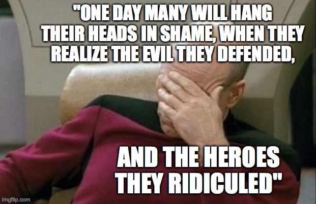 Captain Picard Facepalm Meme | "ONE DAY MANY WILL HANG THEIR HEADS IN SHAME, WHEN THEY REALIZE THE EVIL THEY DEFENDED, AND THE HEROES THEY RIDICULED" | image tagged in memes,captain picard facepalm | made w/ Imgflip meme maker