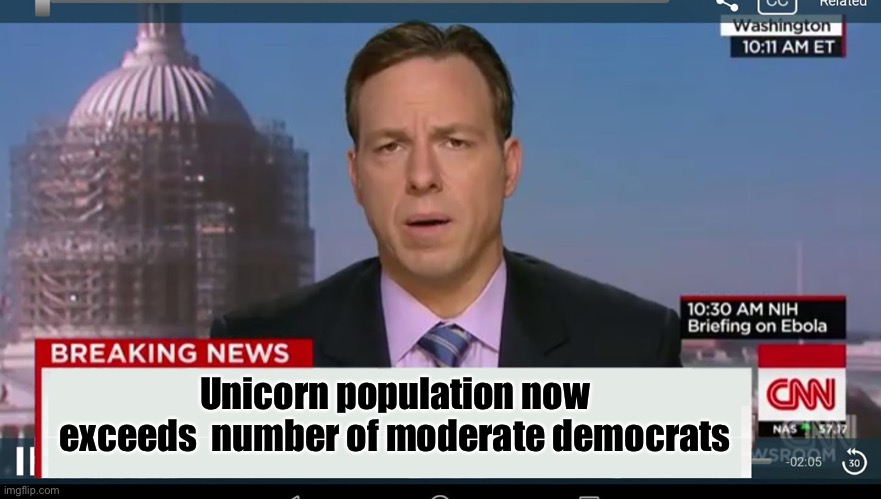 Breaking News | Unicorn population now exceeds  number of moderate democrats | image tagged in cnn breaking news template,unicorns,moderate democrats | made w/ Imgflip meme maker