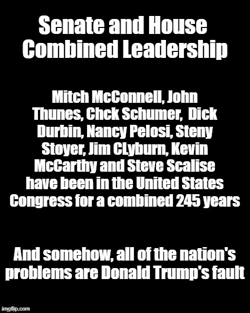 The case for Term Limits in Congress | Senate and House 
Combined Leadership; Mitch McConnell, John Thunes, Chck Schumer,  Dick Durbin, Nancy Pelosi, Steny Stoyer, Jim CLyburn, Kevin McCarthy and Steve Scalise have been in the United States Congress for a combined 245 years; And somehow, all of the nation's problems are Donald Trump's fault | image tagged in brian's black background,donald trump,mitch mcconnell,nancy pelosi,chuck schumer,dick durbin | made w/ Imgflip meme maker
