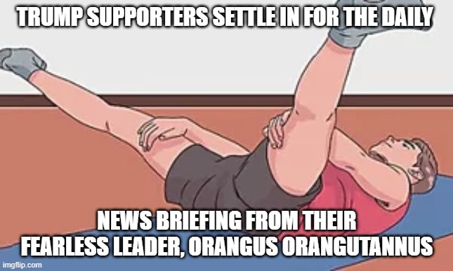 TRUMP SUPPORTERS SETTLE IN FOR THE DAILY; NEWS BRIEFING FROM THEIR FEARLESS LEADER, ORANGUS ORANGUTANNUS | image tagged in trump supporters,trumptards | made w/ Imgflip meme maker