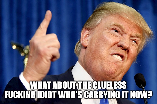 Donald Trump | WHAT ABOUT THE CLUELESS F**KING IDIOT WHO'S CARRYING IT NOW? | image tagged in donald trump | made w/ Imgflip meme maker