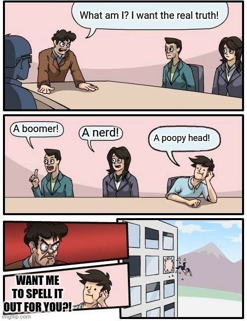 Boardroom Meeting Suggestion | What am I? I want the real truth! A boomer! A poopy head! A nerd! WANT ME TO SPELL IT OUT FOR YOU?! | image tagged in memes,boardroom meeting suggestion | made w/ Imgflip meme maker