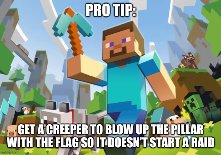 Minecraft  | PRO TIP:; GET A CREEPER TO BLOW UP THE PILLAR WITH THE FLAG SO IT DOESN’T START A RAID | image tagged in minecraft | made w/ Imgflip meme maker