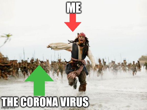 Jack Sparrow Being Chased Meme | ME; THE CORONA VIRUS | image tagged in memes,jack sparrow being chased | made w/ Imgflip meme maker