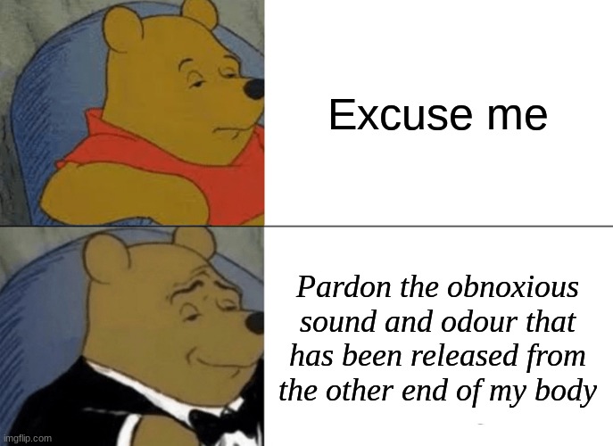 Tuxedo Winnie The Pooh Meme | Excuse me; Pardon the obnoxious sound and odour that has been released from the other end of my body | image tagged in memes,tuxedo winnie the pooh | made w/ Imgflip meme maker