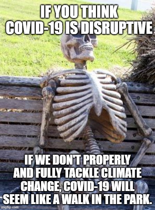 Waiting Skeleton Meme | IF YOU THINK COVID-19 IS DISRUPTIVE; IF WE DON'T PROPERLY AND FULLY TACKLE CLIMATE CHANGE, COVID-19 WILL SEEM LIKE A WALK IN THE PARK. | image tagged in memes,waiting skeleton | made w/ Imgflip meme maker