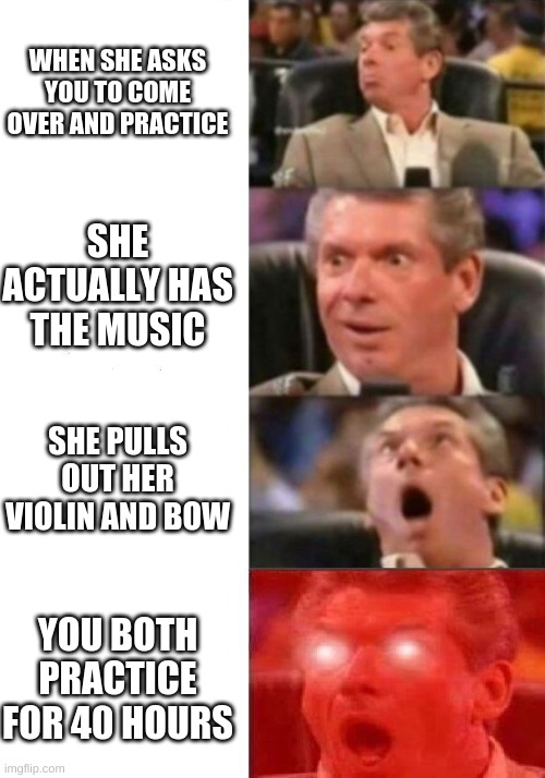 Mr. McMahon reaction | WHEN SHE ASKS YOU TO COME OVER AND PRACTICE; SHE ACTUALLY HAS THE MUSIC; SHE PULLS OUT HER VIOLIN AND BOW; YOU BOTH PRACTICE FOR 40 HOURS | image tagged in mr mcmahon reaction | made w/ Imgflip meme maker