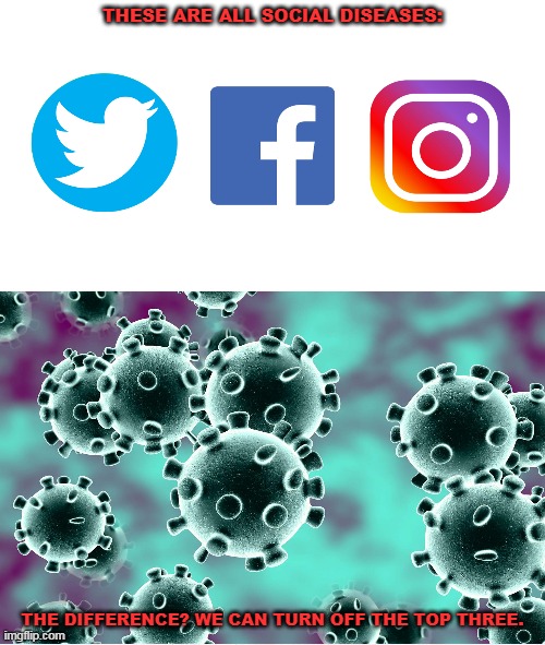 Social Diseases | THESE ARE ALL SOCIAL DISEASES:; THE DIFFERENCE? WE CAN TURN OFF THE TOP THREE. | image tagged in coronavirus,facebook,twitter,instagram | made w/ Imgflip meme maker