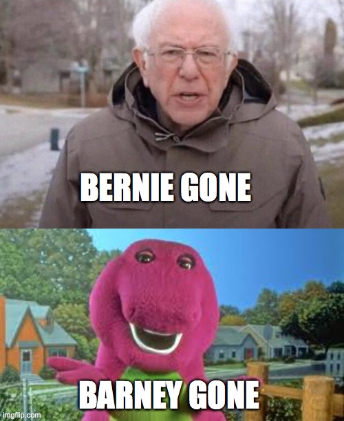 Oh Bernie ! | BERNIE GONE; BARNEY GONE | image tagged in i am once again asking,bernie sanders,barney,usa,memes,funny | made w/ Imgflip meme maker