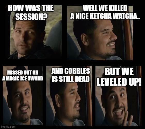 Ant Man Luis Van | WELL WE KILLED A NICE KETCHA WATCHA.. HOW WAS THE 
SESSION? AND GOBBLES IS STILL DEAD; MISSED OUT ON A MAGIC ICE SWORD; BUT WE LEVELED UP! | image tagged in ant man luis van,DnD | made w/ Imgflip meme maker